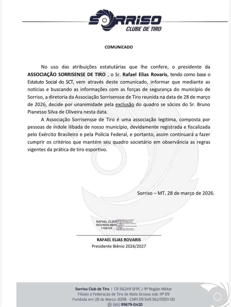 Clube de Tiro exclui sócio após tentativa de feminicídio em Sorriso (MT); investigado se entrega e é preso