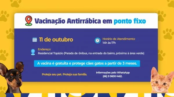 Vacinação Antirrábica chega ao Residencial Topázio neste sábado (11)